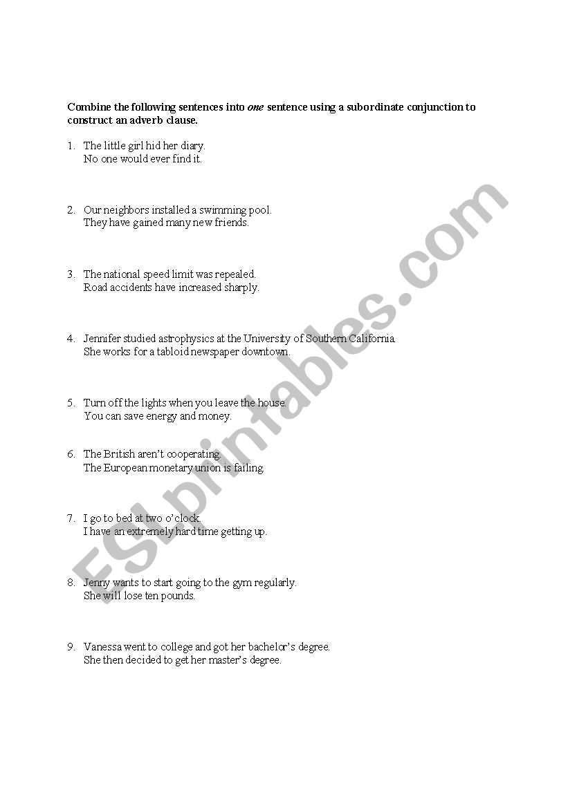 Adverb Clauses Test worksheet