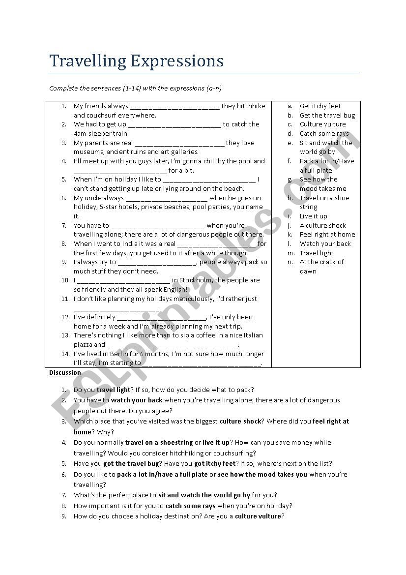 travelling expressions worksheet