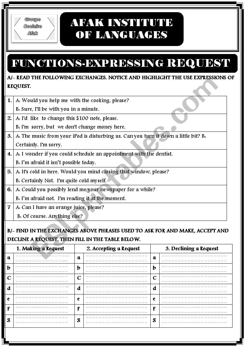 FUNCTIONS - REQUEST - SUGGESTIONS - COMPLAINING AND APOLOGIZING