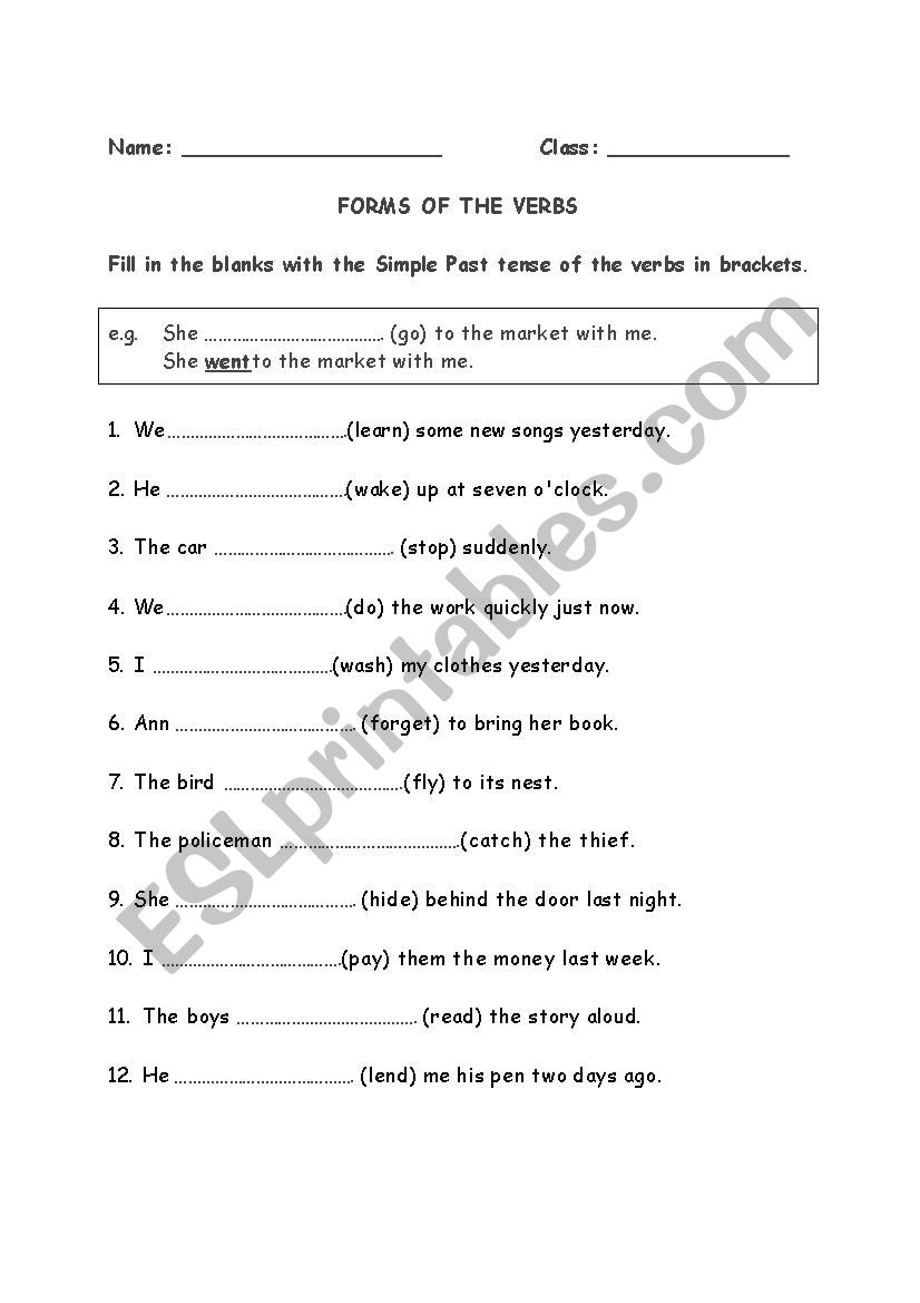 FORMS OF THE VERB worksheet