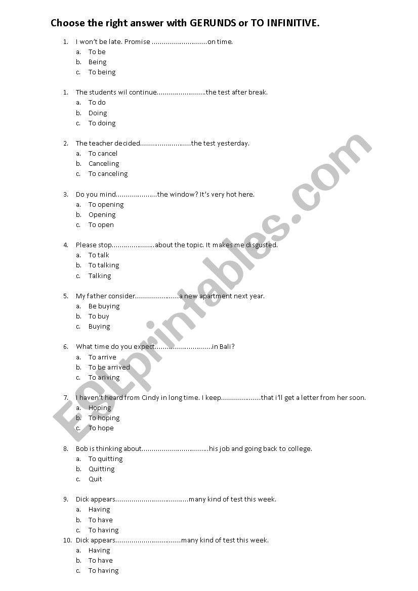 gerunds and infinitives worksheet