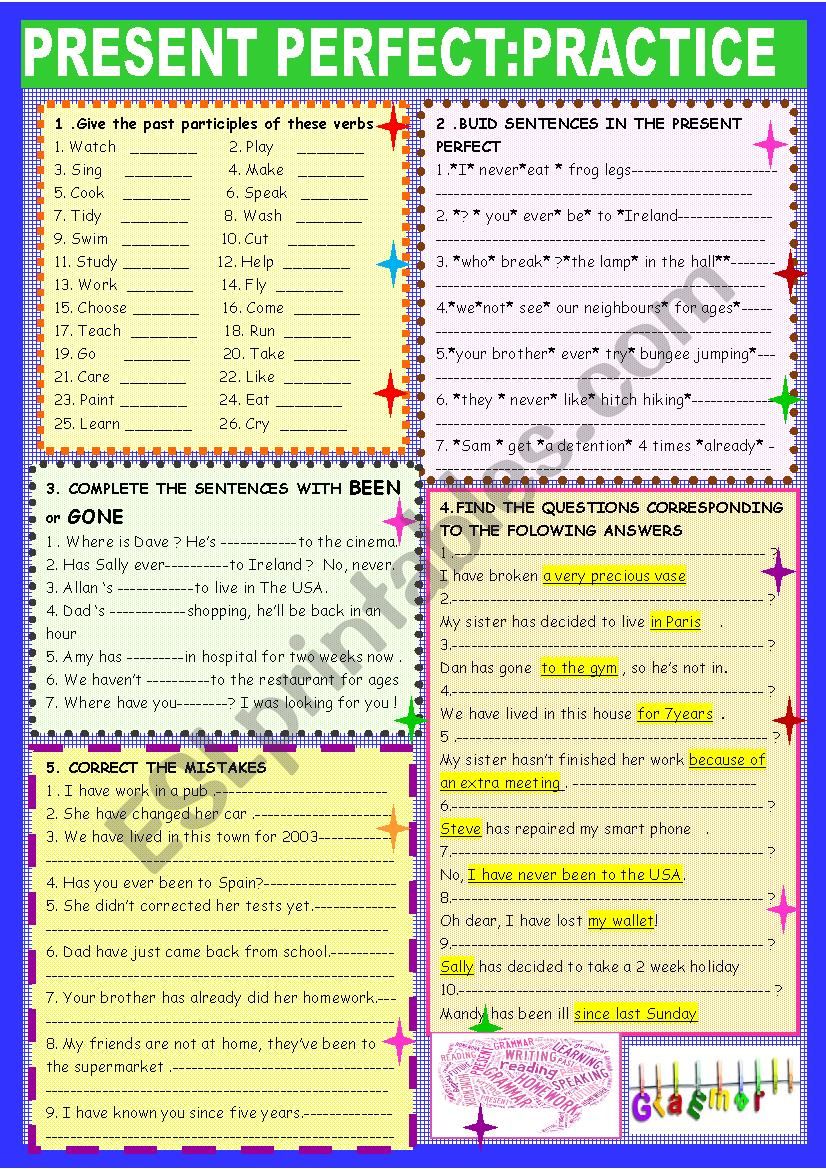 Present perfect:: 2 page practice