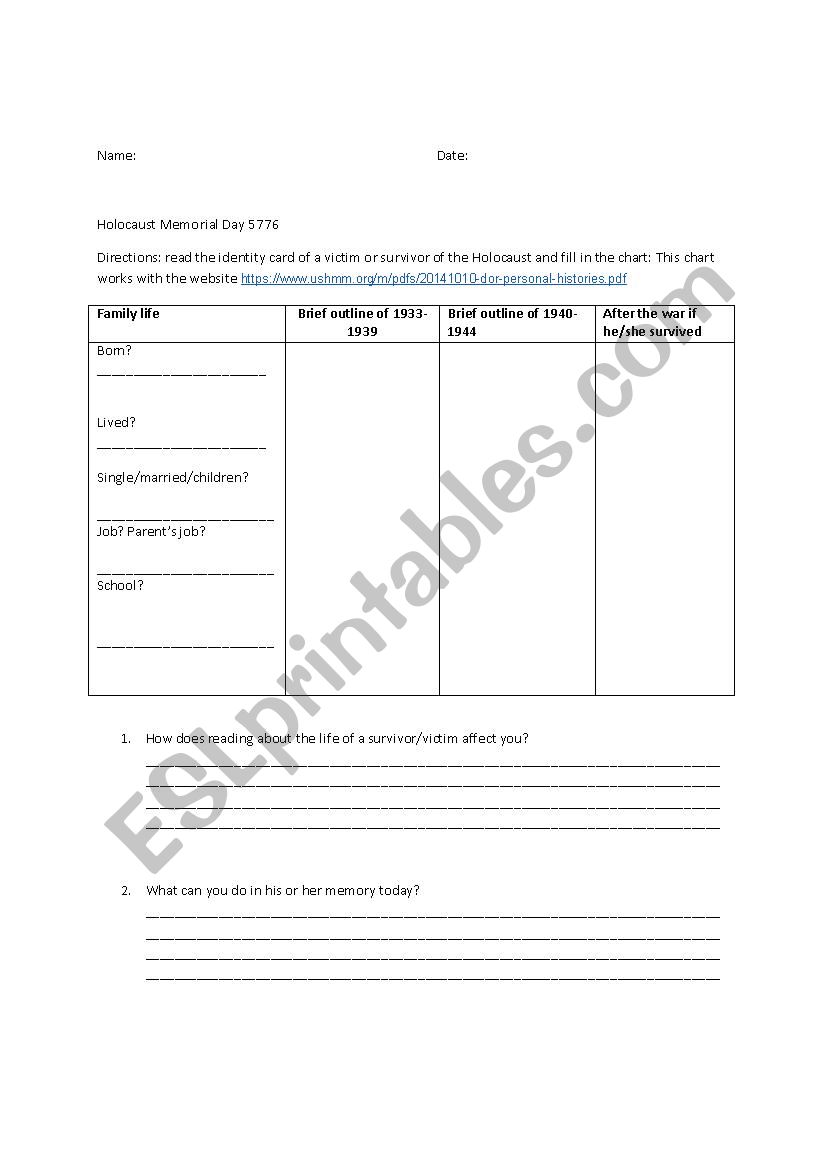 Holocaust Memorial Day worksheet