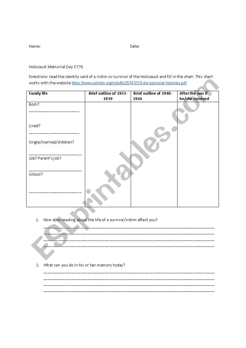 Holocaust Memorial Day worksheet