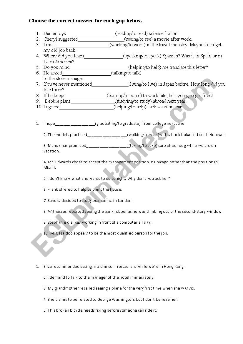 gerunds and infinitives worksheet