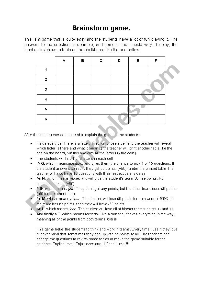 Brainstorm game worksheet