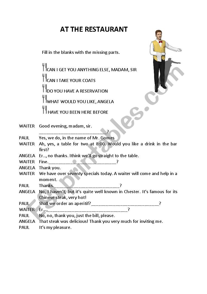 Tourism - At the restaurant worksheet