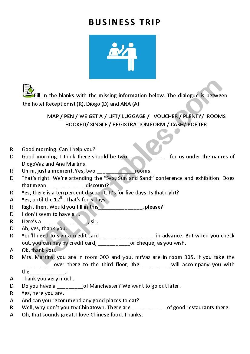 Tourism - Business trip worksheet