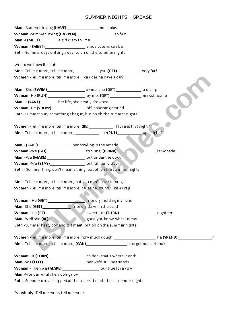 Song - Summer Nghts worksheet