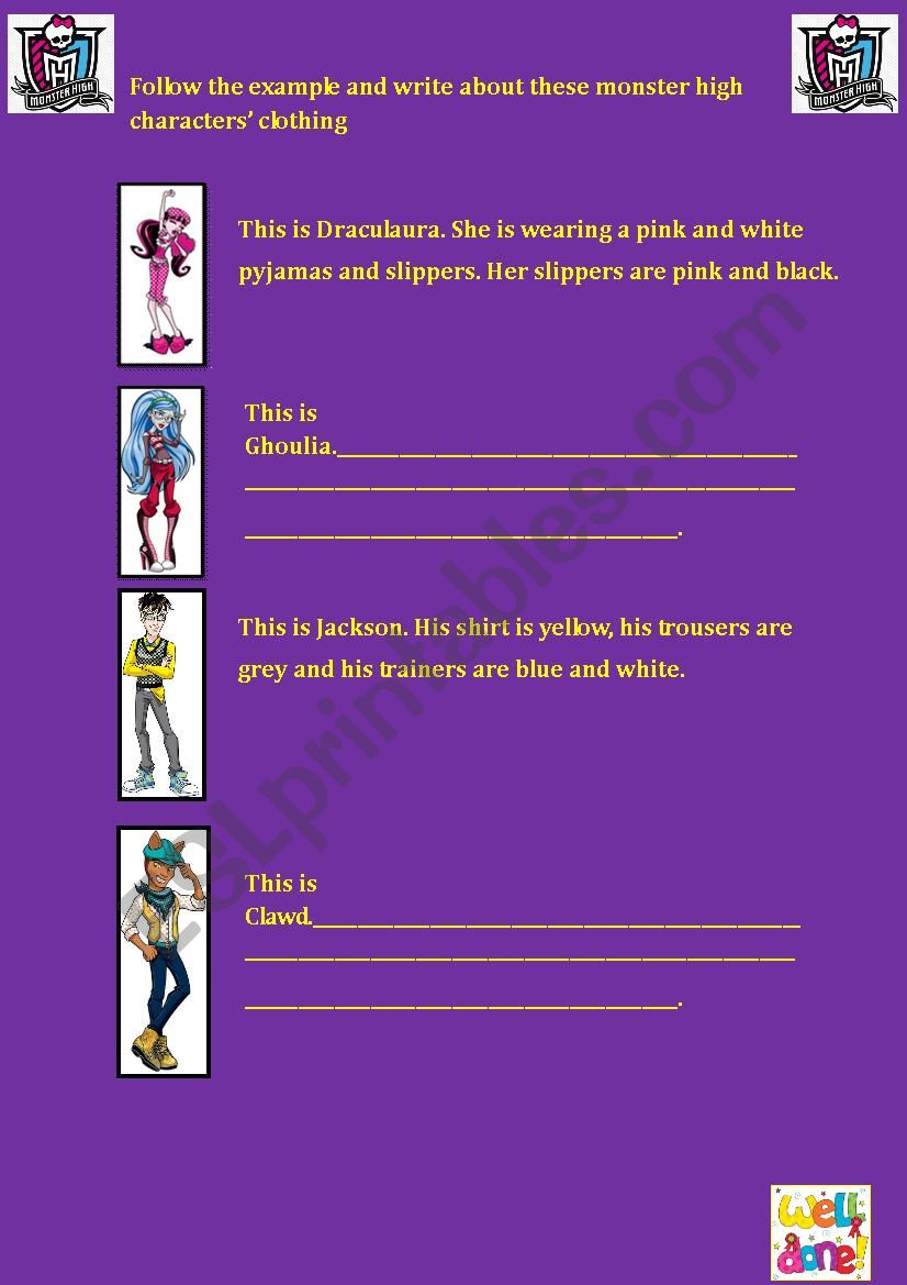 Monster high clothing worksheet