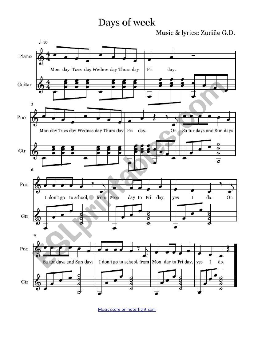 Week song worksheet