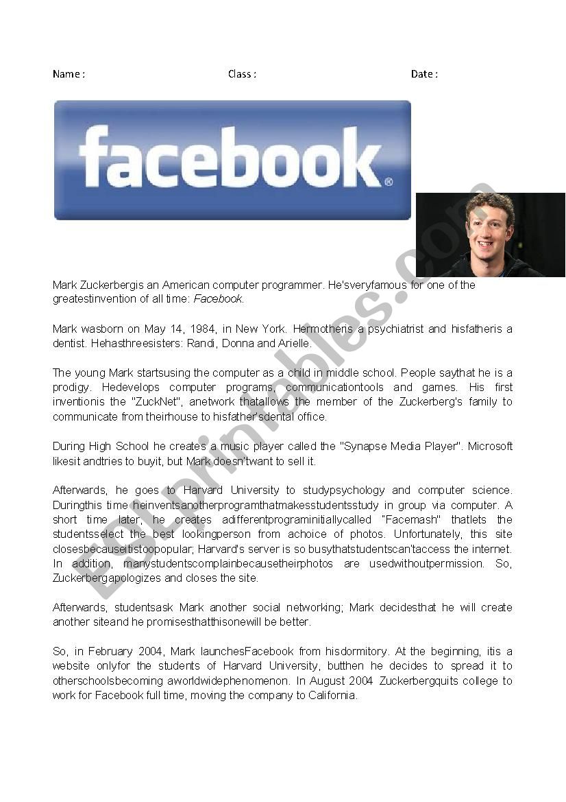 Mark Zuckerberg and Facebook  worksheet