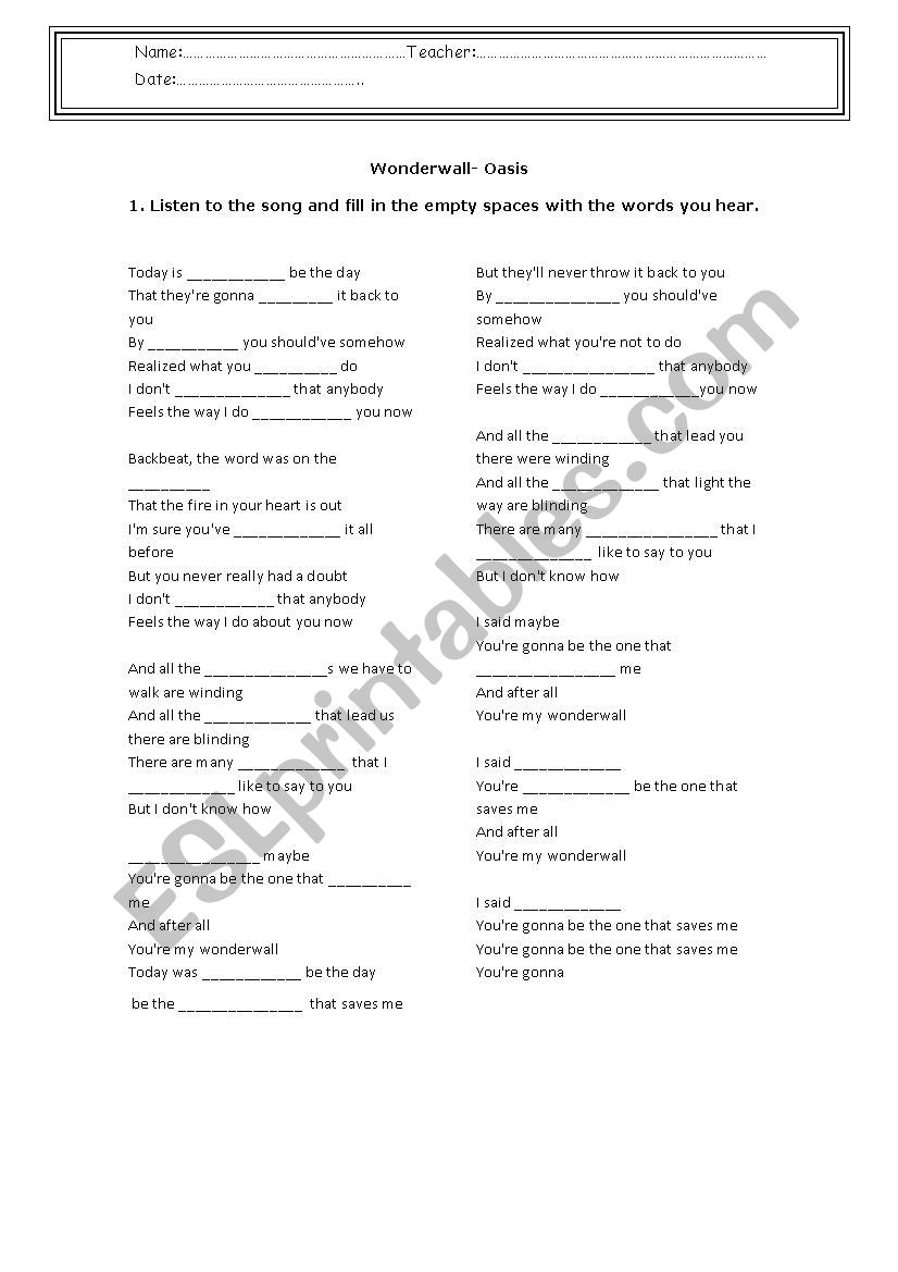 Wonderwall- Oasis worksheet