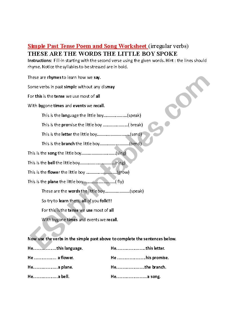 simple past poem worksheet