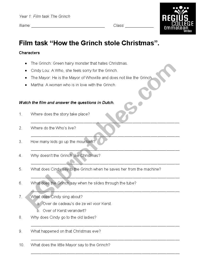 Movie questionsheet for The Grinch