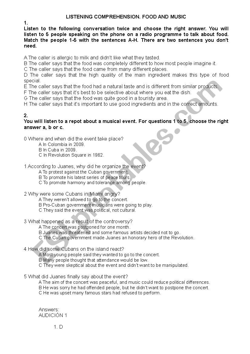 Listening Test with Audio Files. B2.1 Level, higher Intermediate. Food and Music