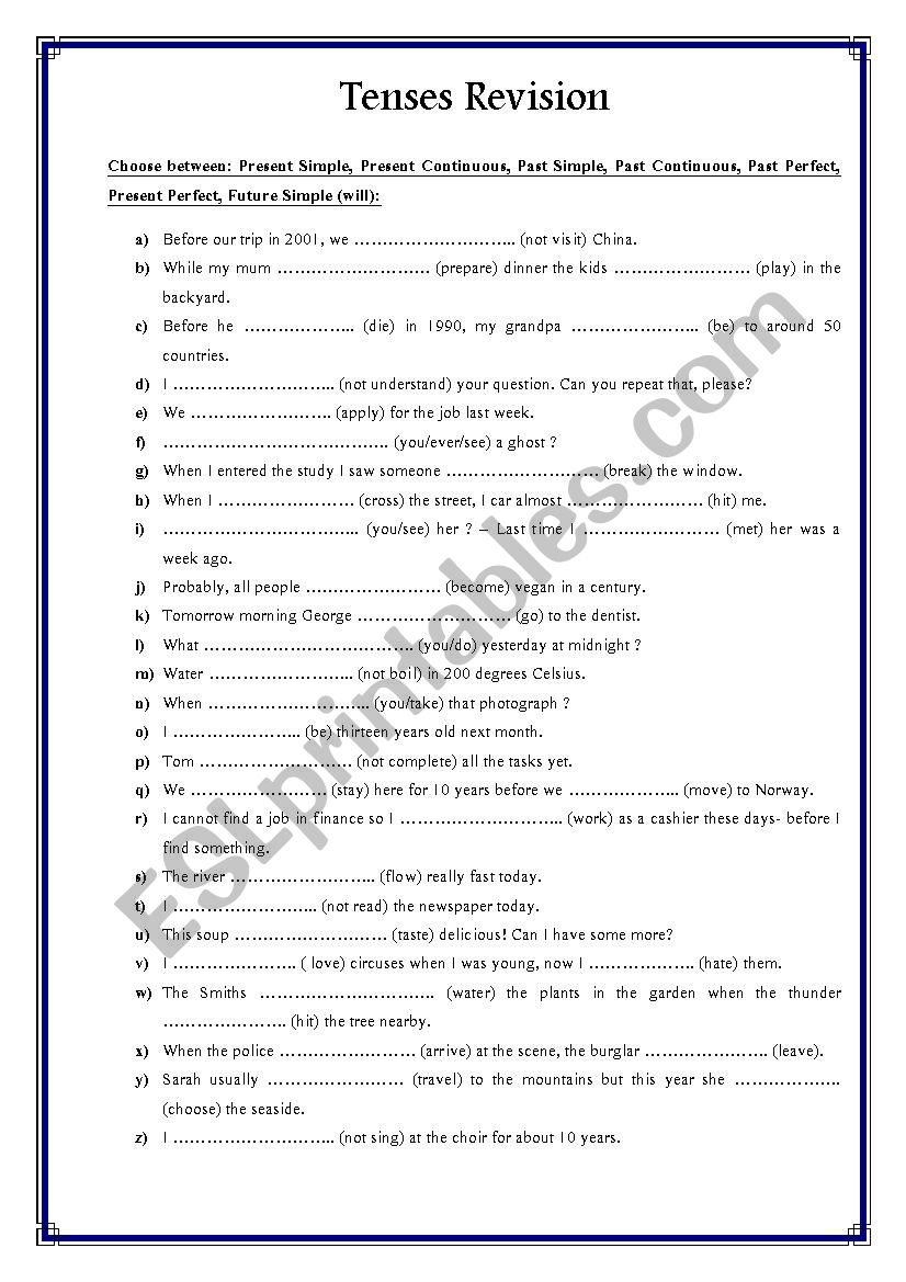 Tenses revision worksheet