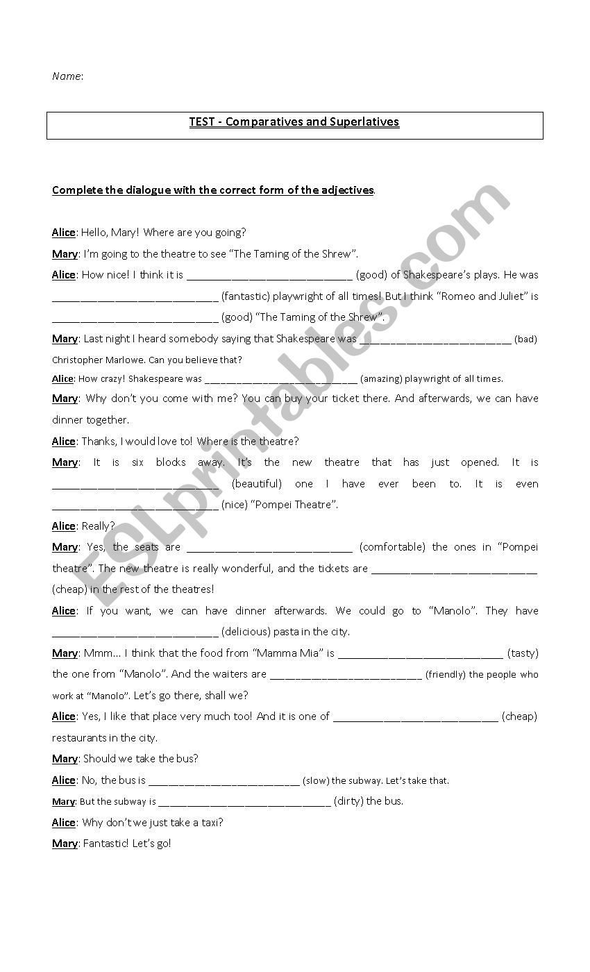 Comparatives and Superlatives worksheet