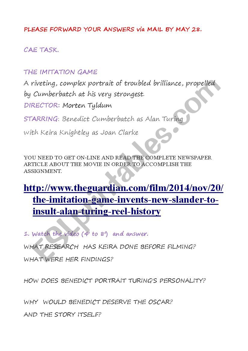 The imitation game Movie worksheet