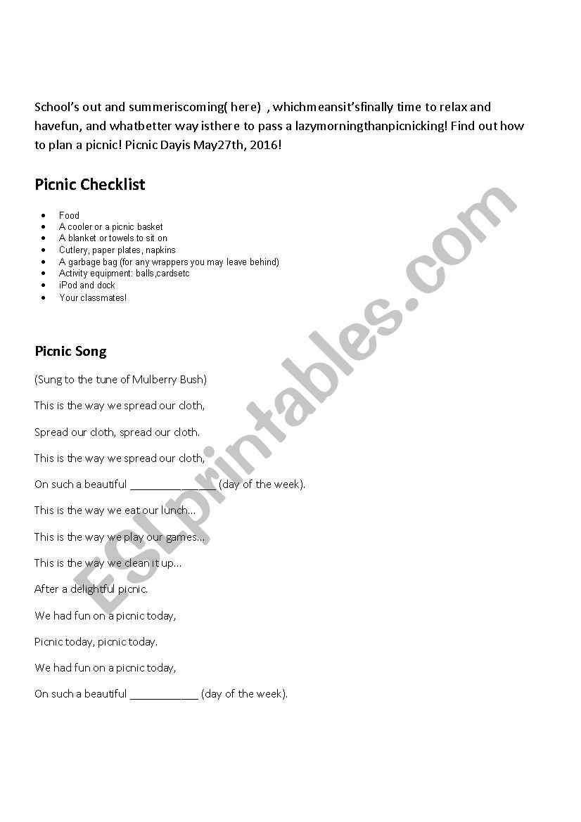 School picnic worksheet