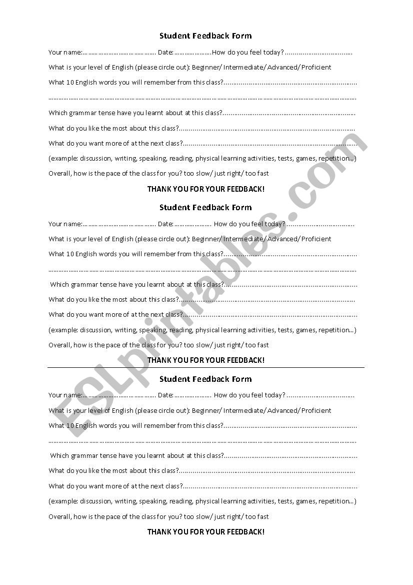Simple student feedback form worksheet