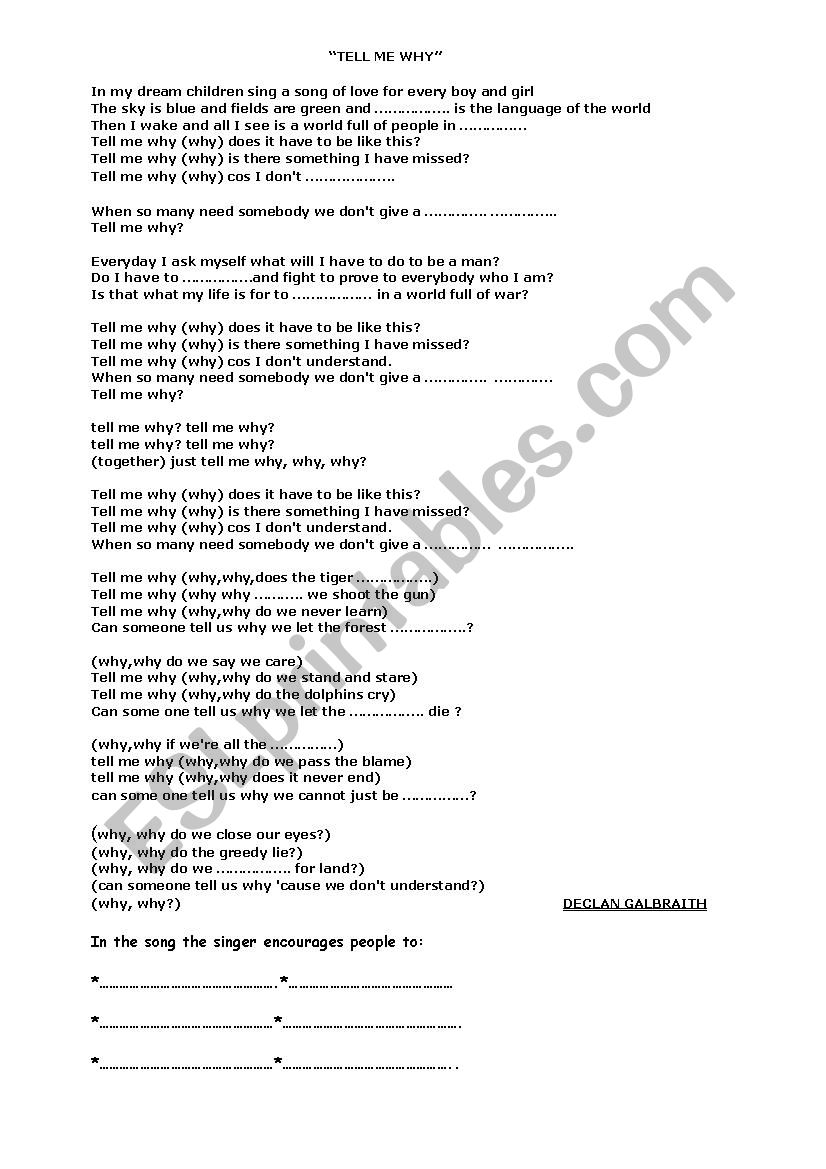 Tell me why song worksheet