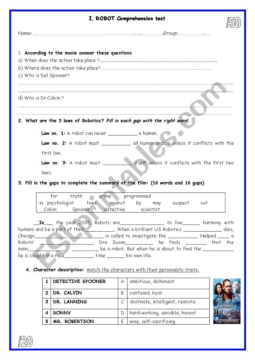 I ROBOT comprehension test worksheet