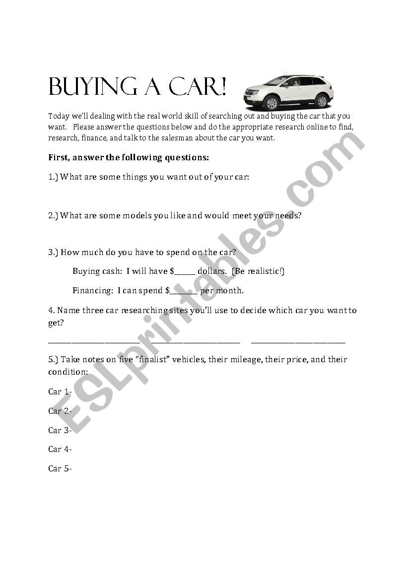 my car assignment worksheet answers