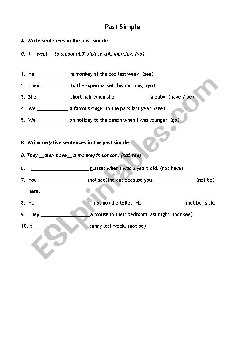 Past simple of be, have, go, see (positive and negative) worksheet