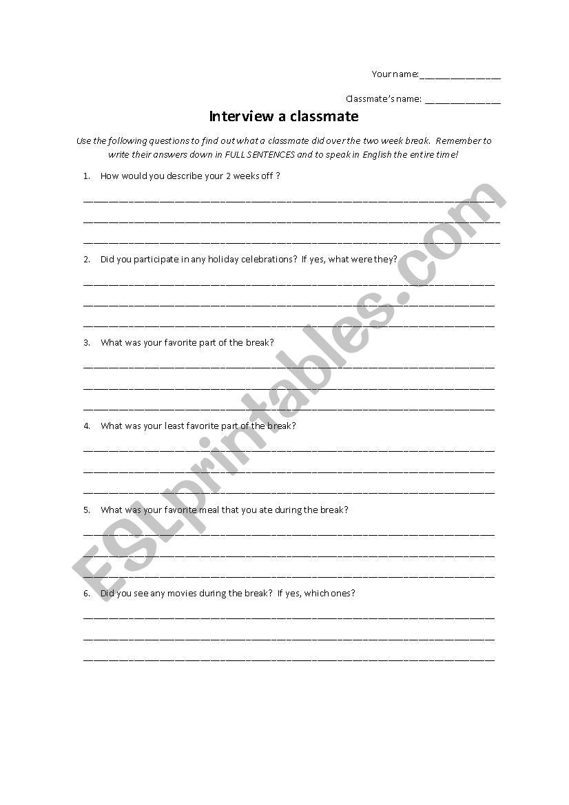 After Christmas Interview Activity 