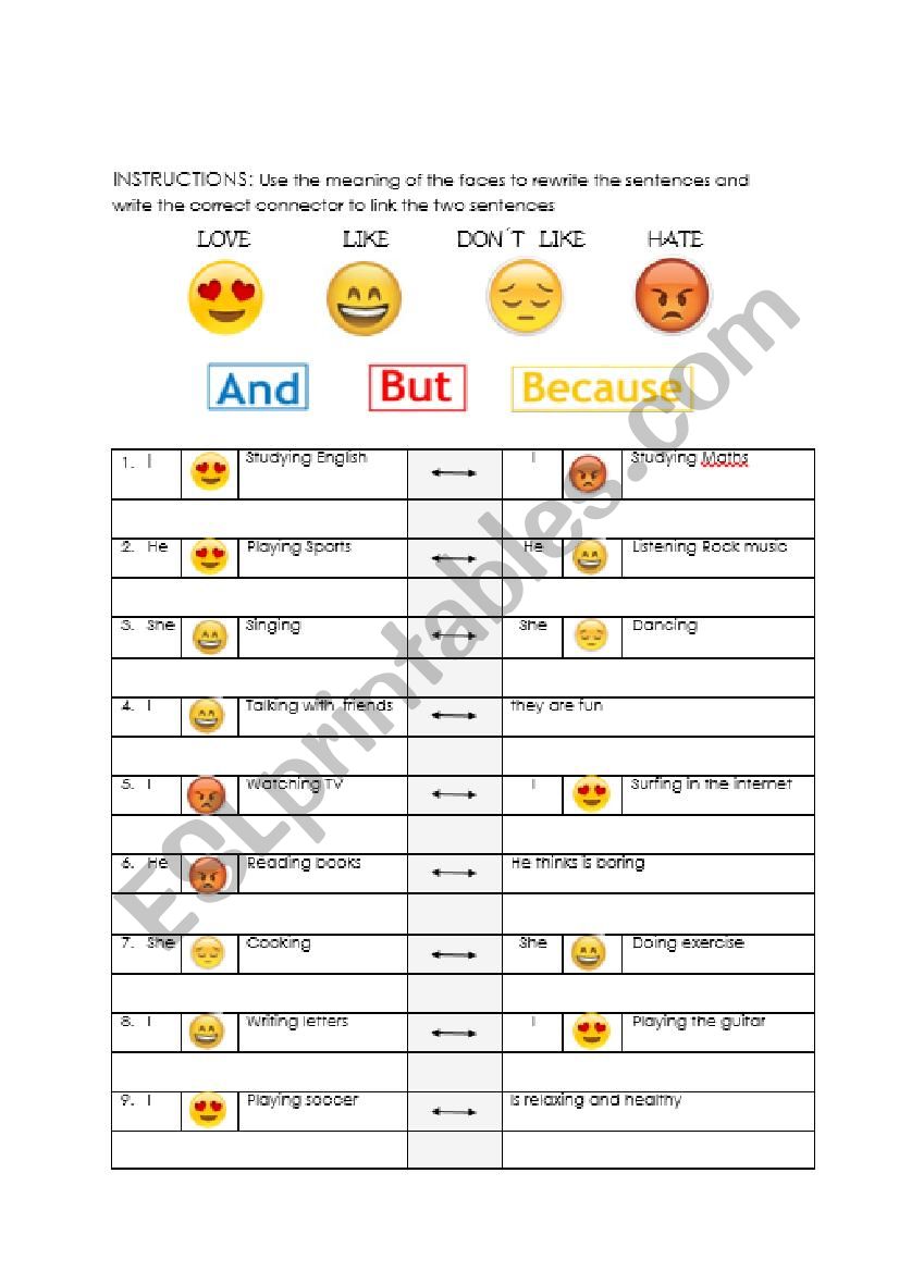 Likes and conjunctions worksheet