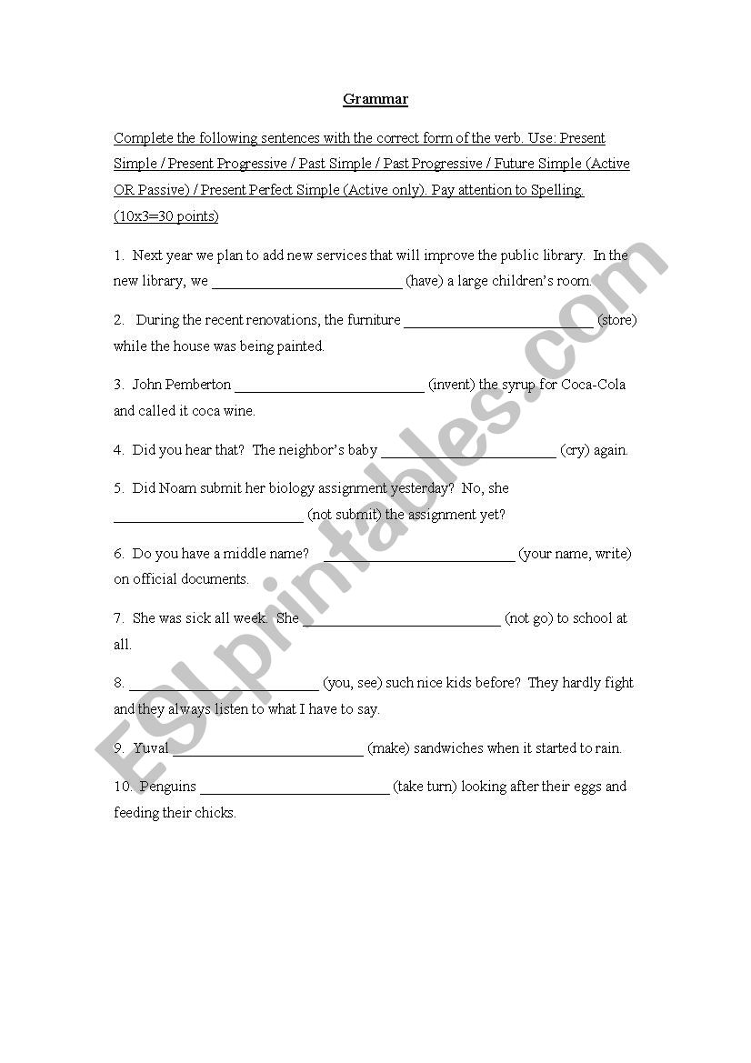 10th grade grammar worksheet