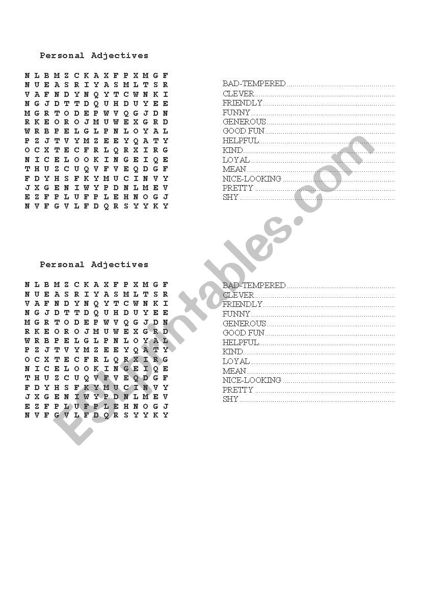 Personal Adjectives wordsearch