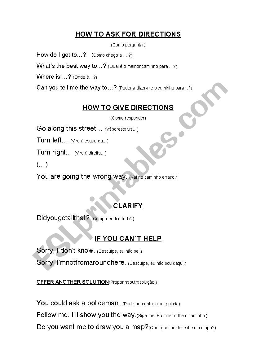 How to ask for directions worksheet