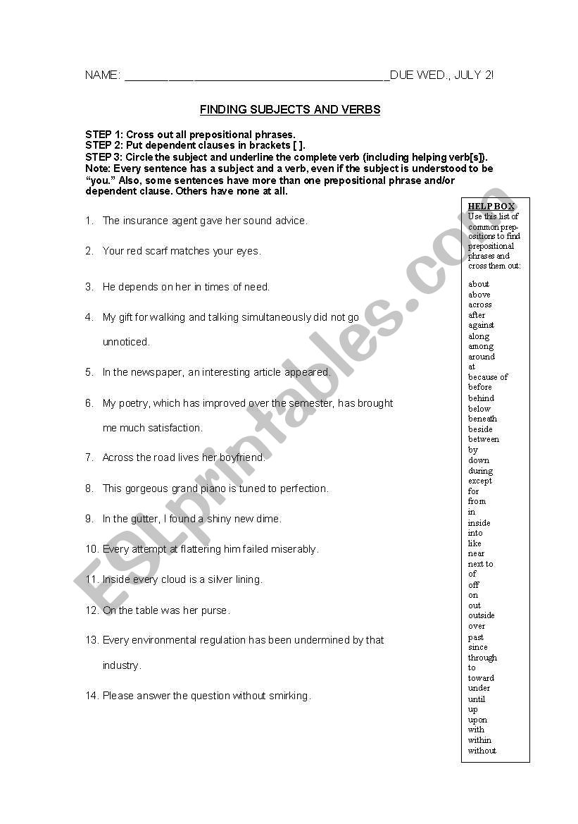 English Worksheets Finding Subjects And Verbs