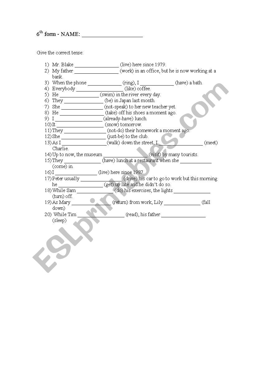 Revision of tenses worksheet