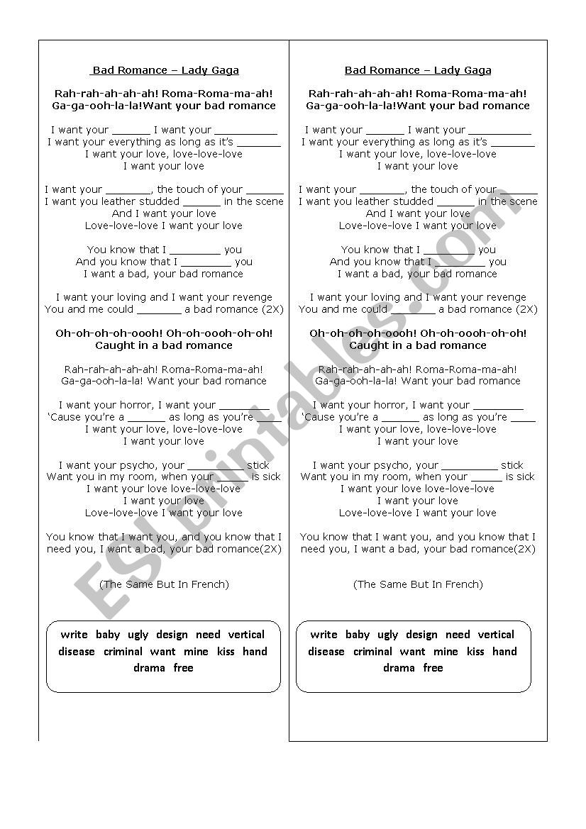 SONG Bad Romance worksheet