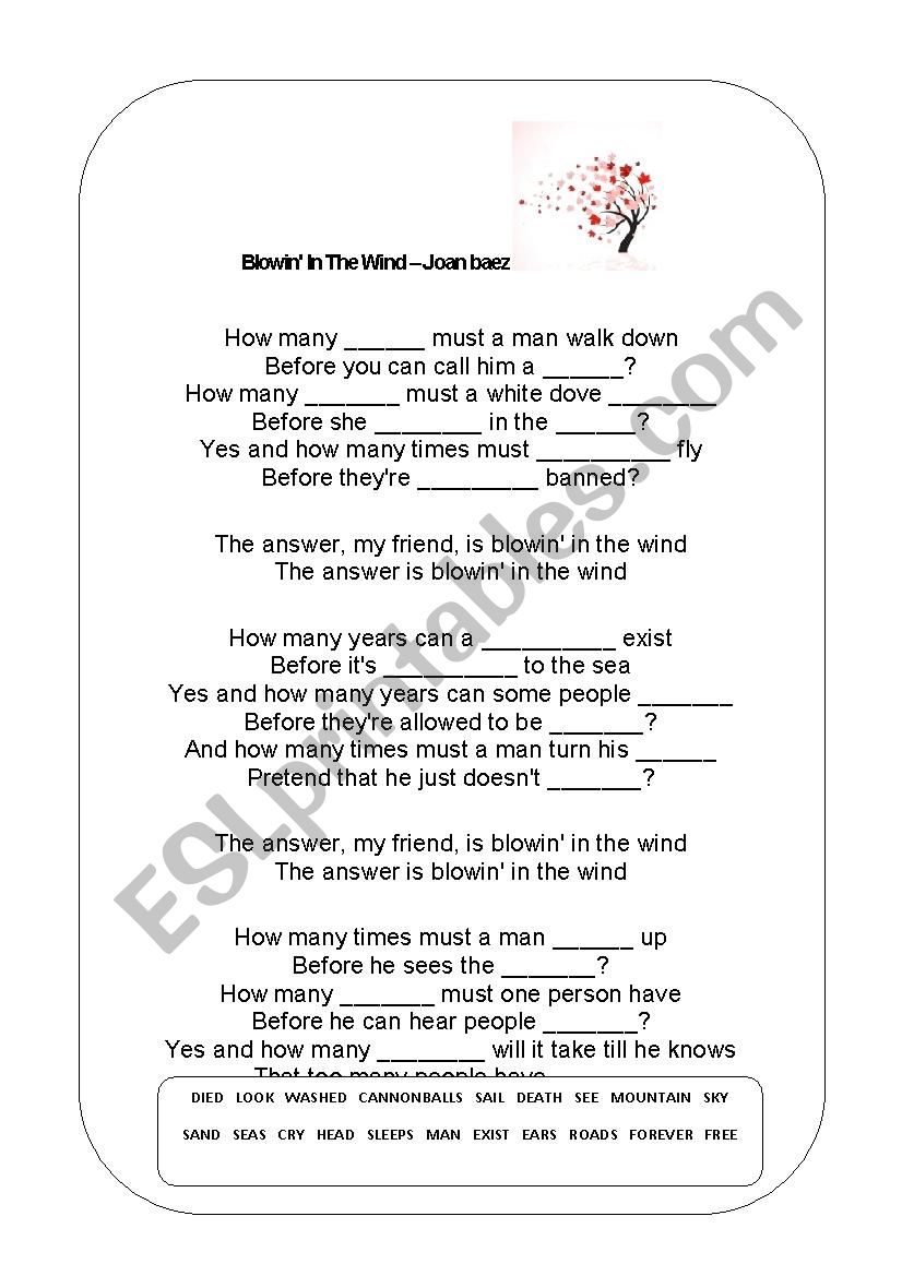 SONG Blowing in the wind worksheet