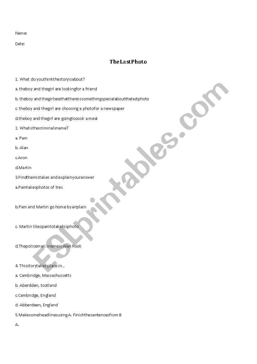 The Last Photo- Book Exam worksheet