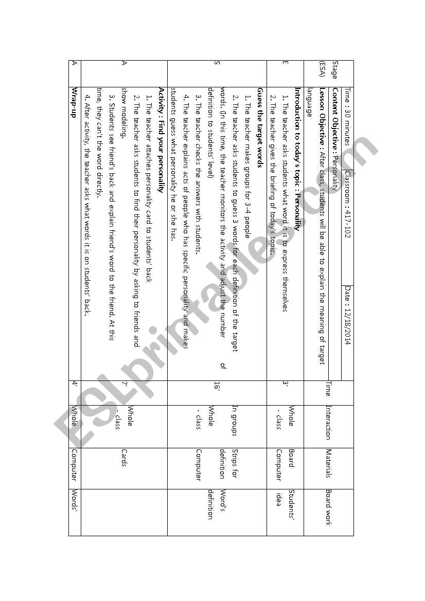 personality lesson plan worksheet