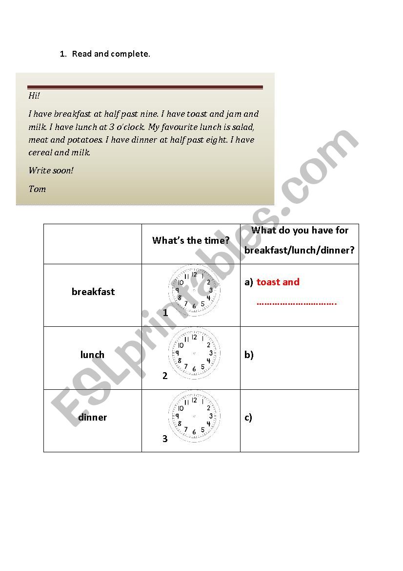 My meals.  Reading an e-mail worksheet