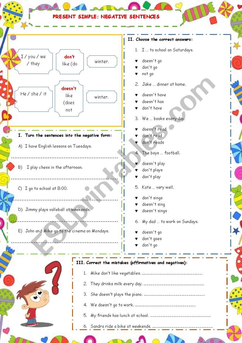 Simple Present Negative Sentences Worksheet