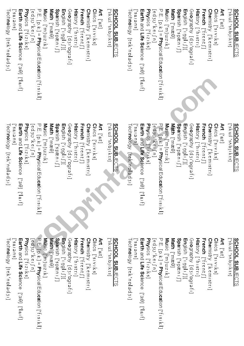 School subjects worksheet