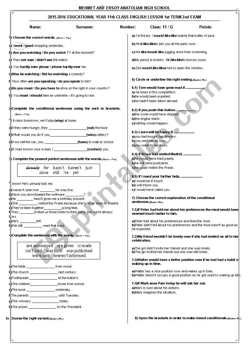 exam questions worksheet