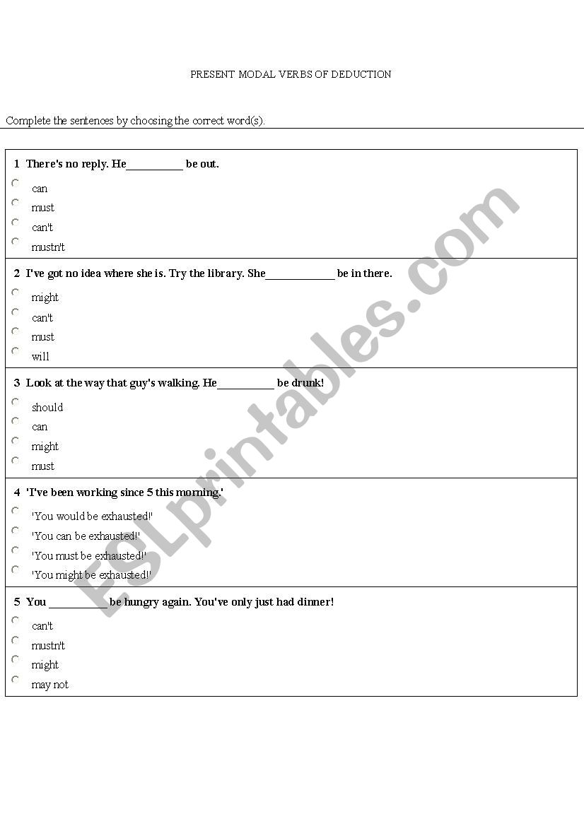 Modals worksheet
