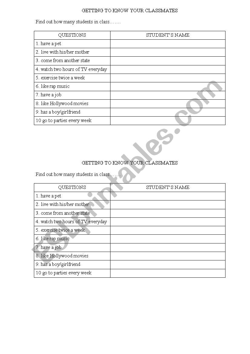 Getting to Know you worksheet