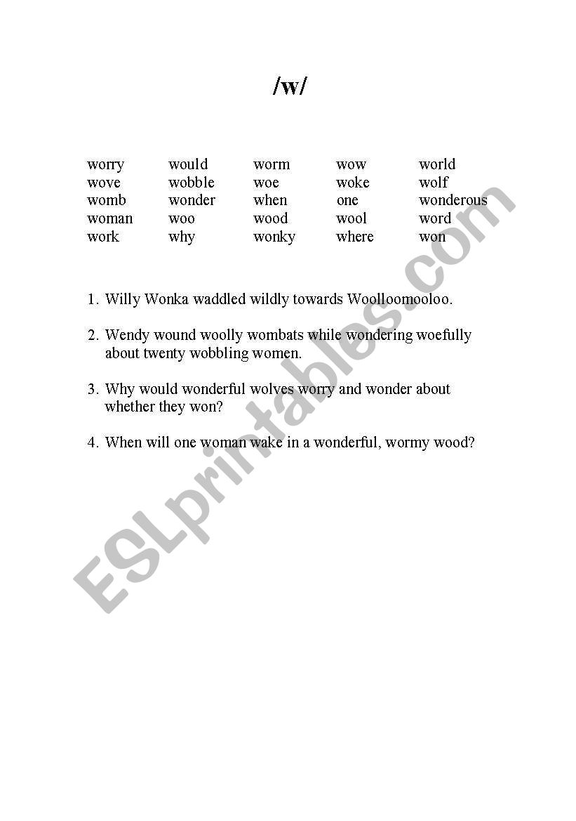 Pronunication /w/ worksheet