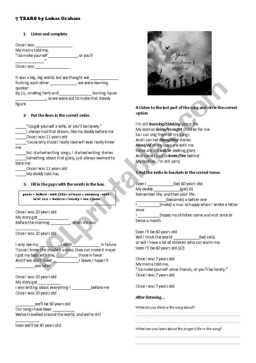 7 years  worksheet