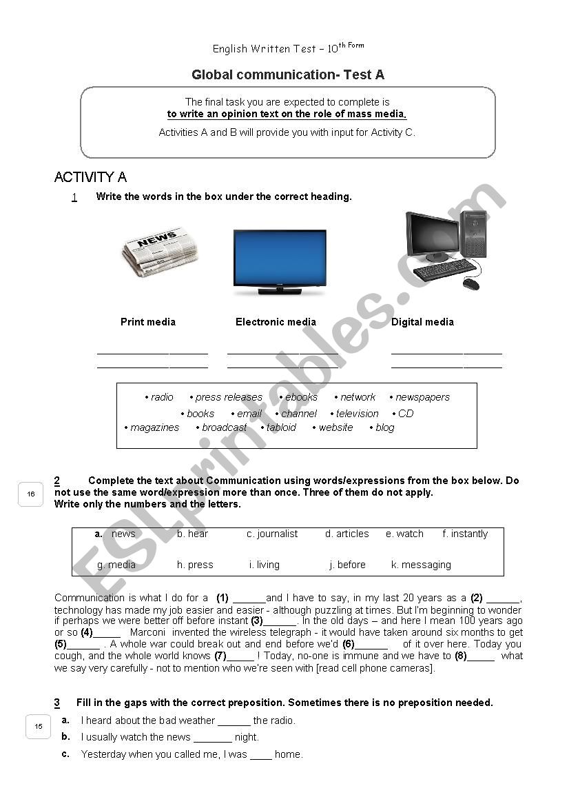 Test on Global communication worksheet