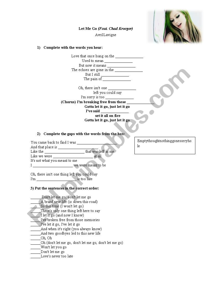 Let me go- By Avril Lavigne worksheet